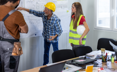 Construction team discussing project plans at a site.