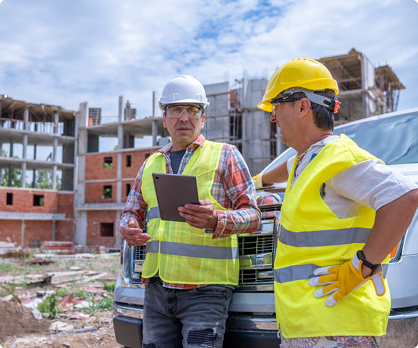 Two construction workers discussing plans at a building site.
