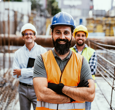 Confident construction workers at a building site.